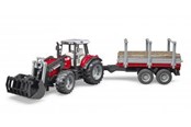 Samochody i pojazdy - Bruder  Massey Ferguson 7480 tractor with frontloader and timber trailer toy - 02046
