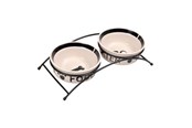 Psy - Trixie Food/Water bowl set ceramic/metal 2 × 0.6 l/ø 15 cm/32 × 9 × 15 cm white/black - TX24641