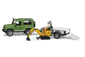 Samochody i pojazdy - Bruder Land Rover Defender one axle trailer JCB micro excavator + worker - BR2593