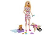 Lalki i akcesoria - Barbie Doll with Pup and Dog in a Wheelchair - HTK37