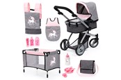 Lalka, mis i akcesoria - Bayer Design Doll's Pram Mega Set - Pink / Grey - 18333AC