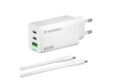 Telefon - Adapter i Ladowarka - Wozinsky GaN 65W Charger with USB-A 2xUSB-C Ports with 65W USB-C Cable - White - 5907769383922