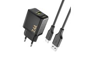 Telefon - Adapter i Ladowarka - Dudao A23TEU 2.4A GaN USB-A wall charger with USB-A cable - USB-C - black - 6976625334018