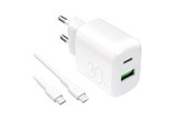 Telefon - Adapter i Ladowarka - Puro PROLITE 30W USB-A / USB-C Wall Charger + USB-C - USB-C 1.2m Cable - White - PUTCUSBAC30WDYKCCWHI