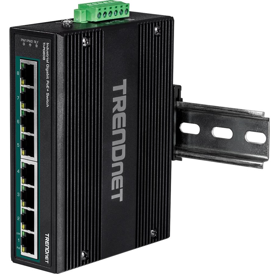Switch - TRENDnet TI-PG80B 8-Port Industrial Gigabit PoE+ DIN-Rail Switch (24 – 56V) - TI-PG80B