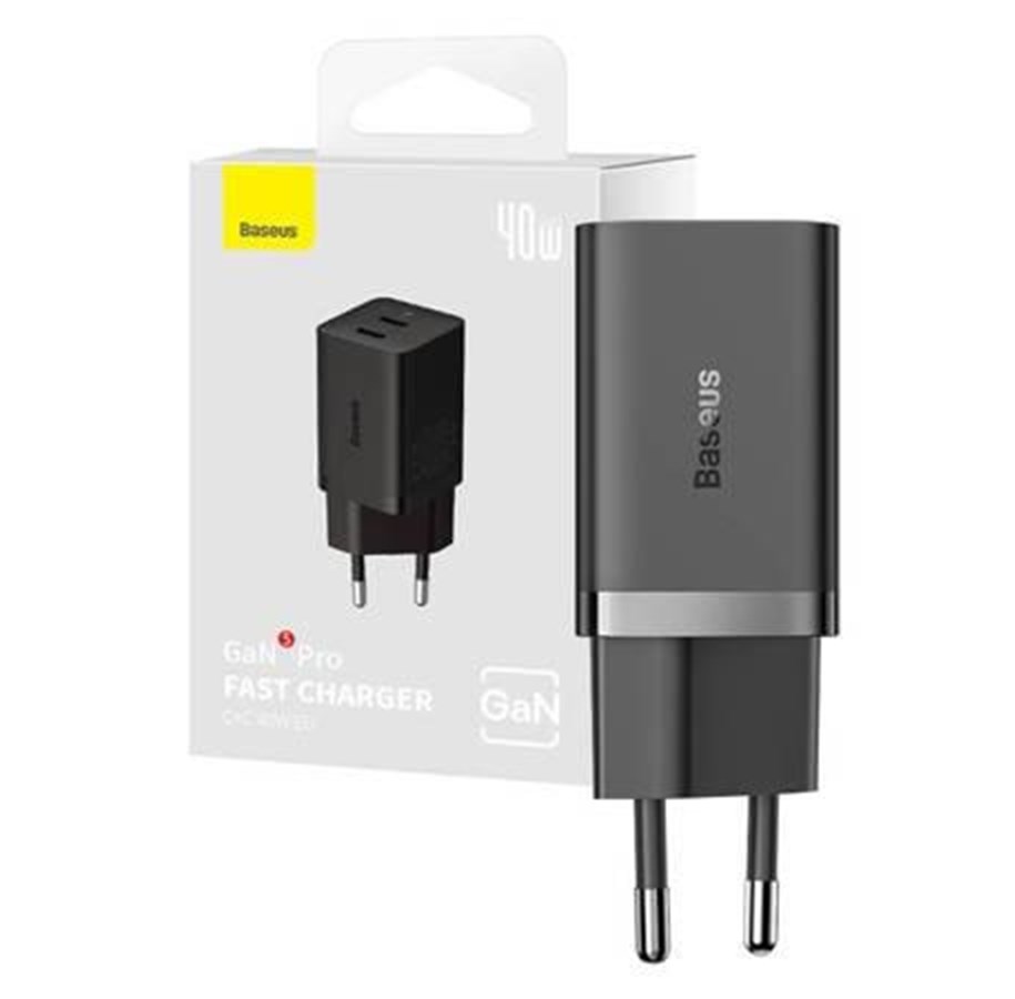 Telefon - Adapter i Ladowarka - Baseus 40W 2xUSB-C Wall Charger GaN5 - Black - CCGP180101