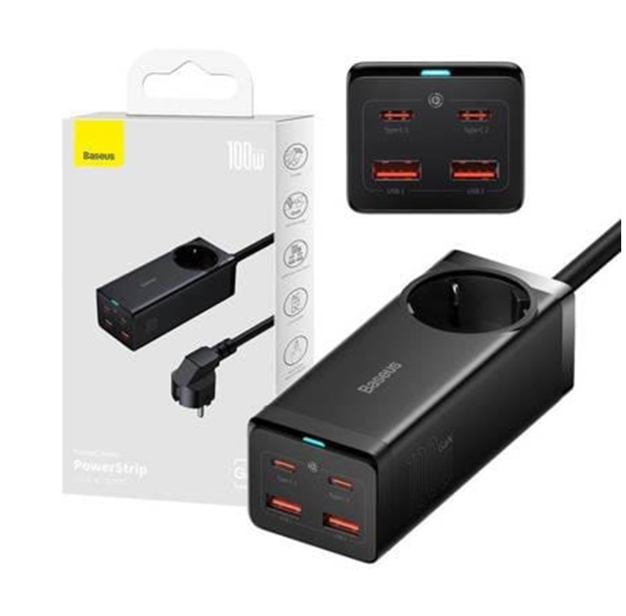 USB hub - Baseus GaN3 Pro wall charger / powerstrip 2xUSB + 2xUSB-C + AC 100W (black) USB hub - 5 - Czarny - PSZM000401