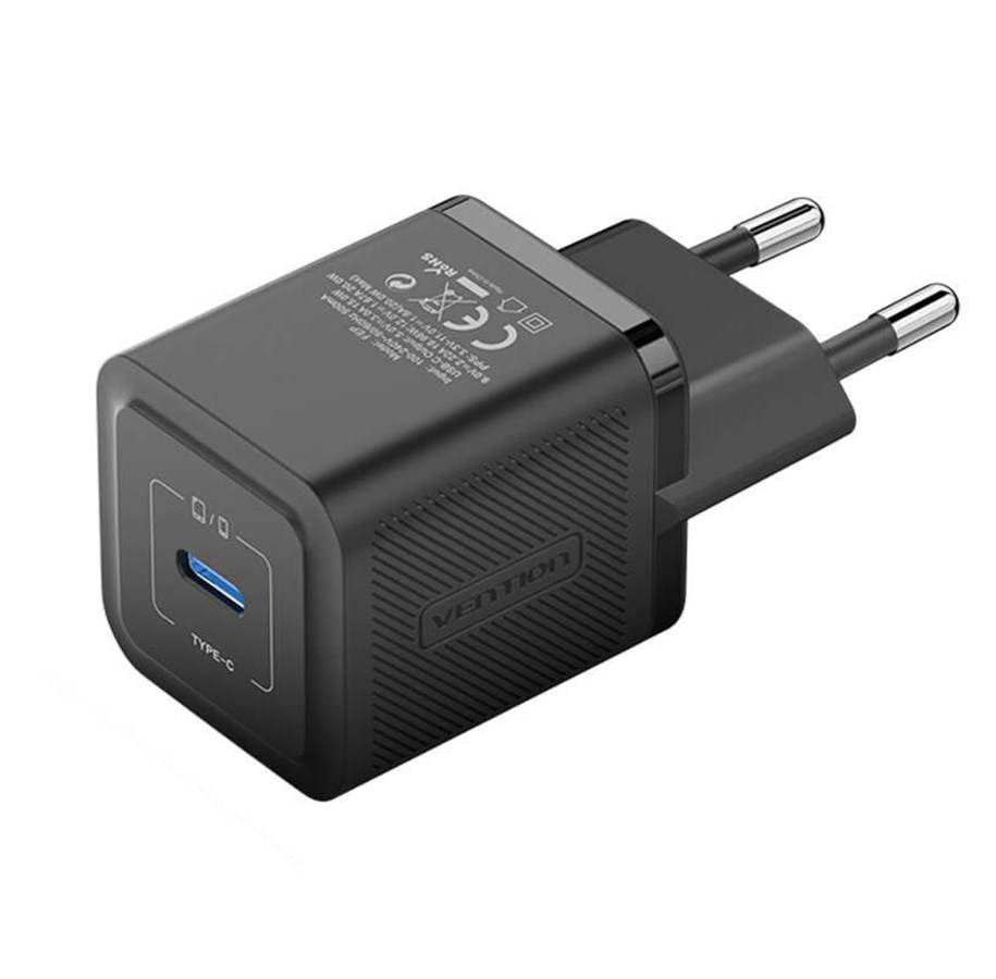 Telefon - Adapter i Ladowarka - Vention Wall charger FEPB0-EU USB-C 20W GaN (black) - FEPB0-EU