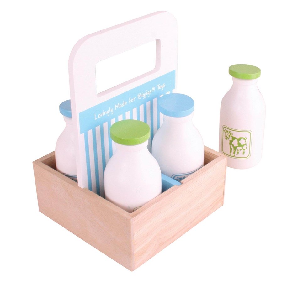 Zabawki drewniane - Bigjigs Wooden Box with Milk Bottles 5 pcs. - BJ453