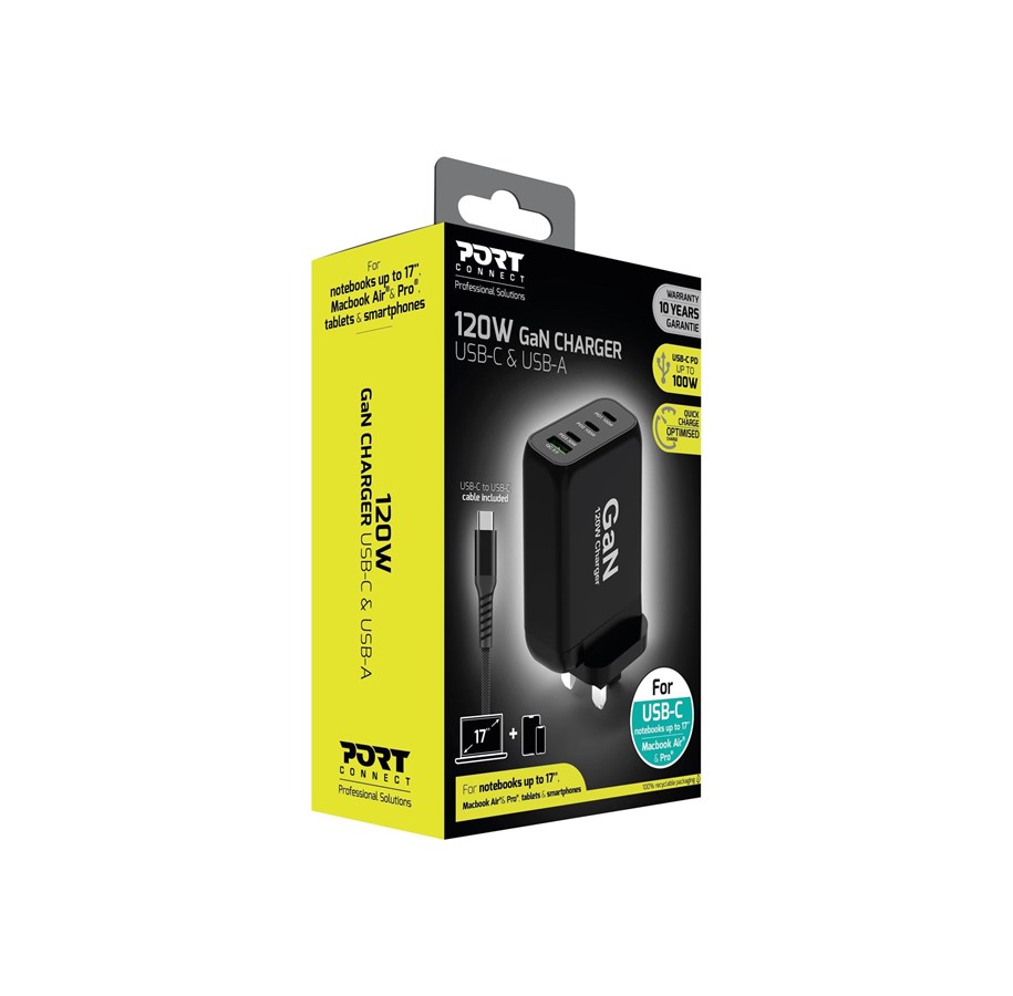 Telefon - Adapter i Ladowarka - PORT Designs PORT Connect power adapter - GaN technology - USB Type A 3 x USB-C - 120 Watt - 900107-UK