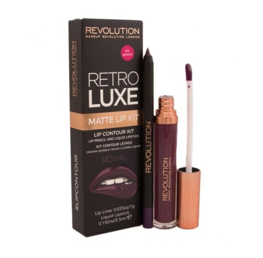 Makijaz - Makeup Revolution Set : Retro Luxe Matte Liquid Lipstick, Royal, 5.5 ml + Retro Luxe, Lip Liner, Royal, 1 g - 5029066103901