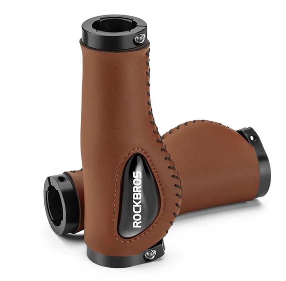 Akcesoria rowerowe - Rockbros 40720001002 leather bicycle grips - brown - 40720001002