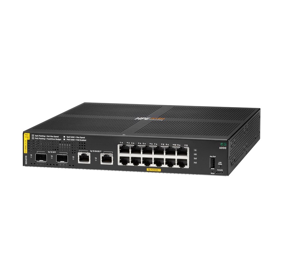 Switch - Hewlett Packard Enterprise HPE Aruba Networking CX 6000 12p 10M/100M/1G Class4 PoE 2p SFP 1G 139W Switch - R8N89B#ABB