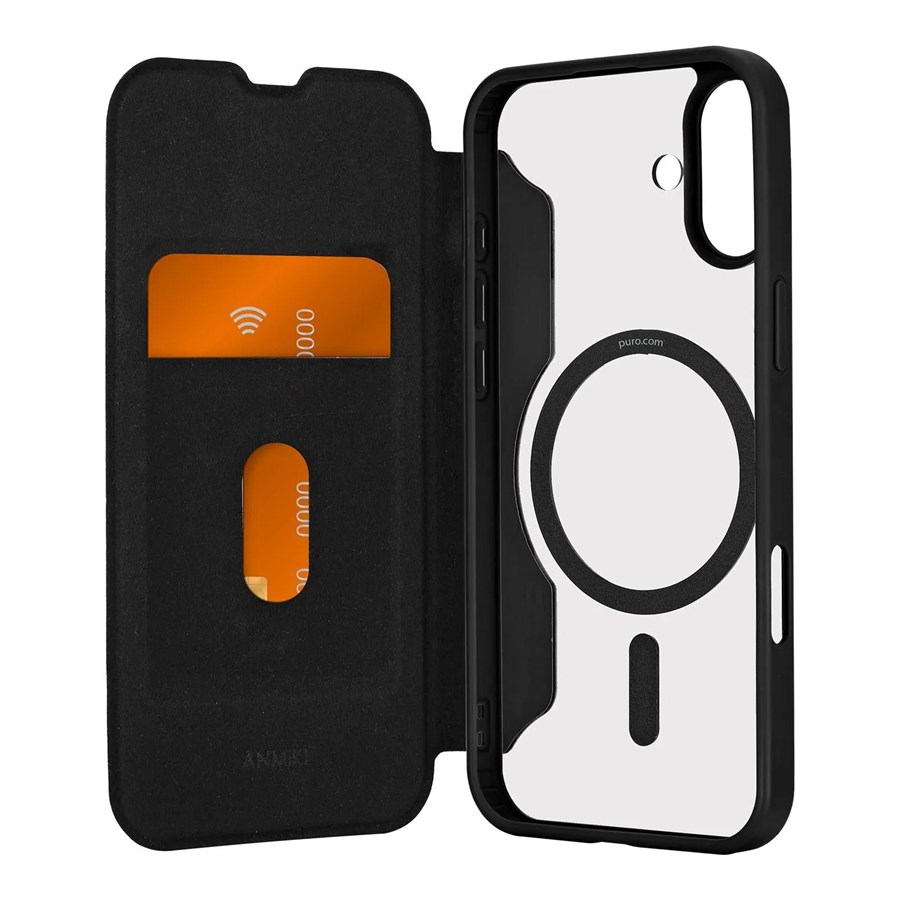 Telefon - Pokrowiec i etui - Puro Book Mag MagSafe Leather Case with Flap and Card Slot for iPhone 16 Plus - Black - PUIPC1667BKMAGBLK