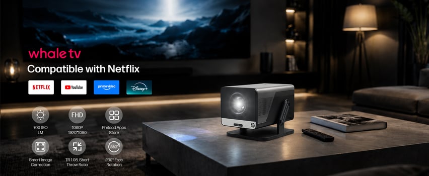 HP Whale TV Smart Projektor – kompatybilny z Netflix, YouTube, Prime Video i Disney+ – FHD 1080p z obrotem 230°