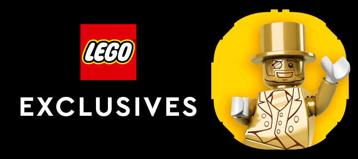 Baner LEGO Exclusives z logo LEGO i złotą minifigurką Mr. Gold w cylindrze i z monoklem