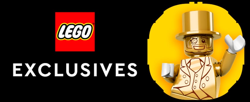 Baner LEGO Exclusives z logo LEGO i złotą minifigurką Mr. Gold w cylindrze i z monoklem