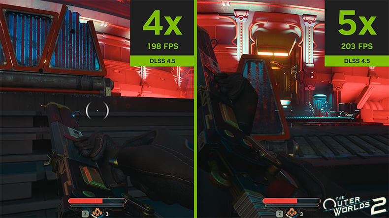 The Outer Worlds 2 split-screen comparison showing DLSS 4.5 Dynamic Multi Frame Generation at 4x 198 FPS versus 5x 203 FPS