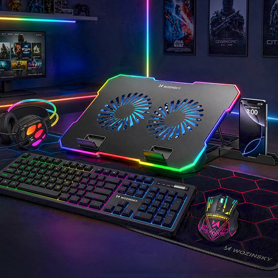 Zestaw gamingowy Wozinsky z podświetlaną RGB podkładką chłodzącą do laptopa, klawiaturą, myszą, słuchawkami i podkładką w ciemnym pokoju