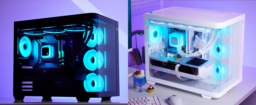 Przenośna obudowa DeepCool CH160 PLUS M-ATX w kolorze białym z chłodzeniem wodnym AIO oraz czerwona obudowa z chłodzeniem powietrznym